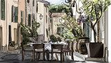 Sommerliches Straßencafé in zarten Linien