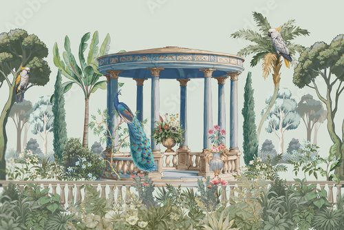 Botanischer Pavillon mit Pfau
