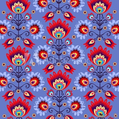Bunte Folkloreblumen in Rot und Blau