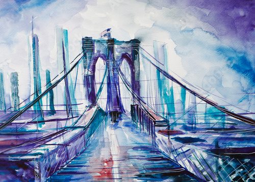 Impressionistische Stadtbrücke in Blau und Violett