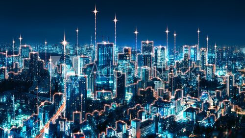 Leuchtende Metropole mit futuristischer Skyline