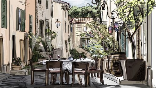 Sommerliches Straßencafé in zarten Linien
