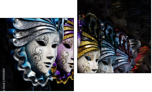 Row of venetian masks in gold and blue - Zweiteiliges Leinwandbild, Diptychon