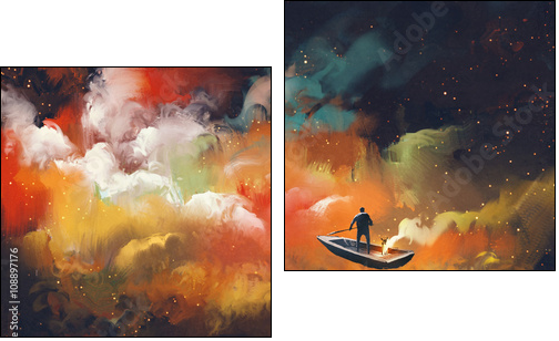 man on a boat in the outer space with colorful cloud,illustration - Zweiteiliges Leinwandbild, Diptychon