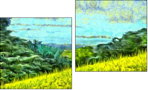 grass filled hillside against a background of trees and a blue sky - Zweiteiliges Leinwandbild, Diptychon
