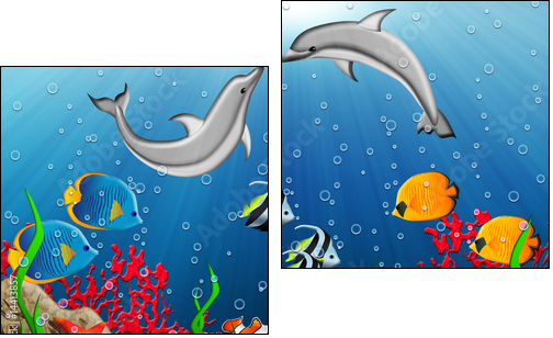Underwater world with dolphins and tropical fishes - Zweiteiliges Leinwandbild, Diptychon