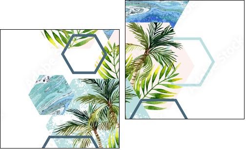 Watercolor tropical leaves and palm trees in geometric shapes seamless pattern - Zweiteiliges Leinwandbild, Diptychon