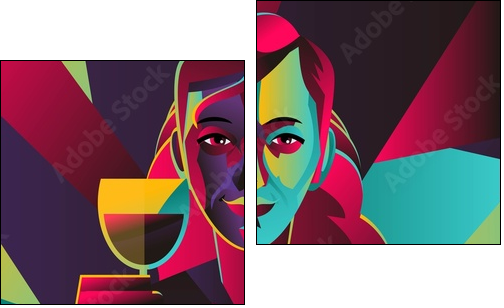 cubist colorful girl drinking wine - Zweiteiliges Leinwandbild, Diptychon