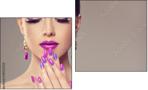 Beautiful girl model with fashion violet make-up and purple design manicure on nails . Jewelry and cosmetics , large violet earrings - Zweiteiliges Leinwandbild, Diptychon