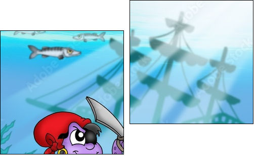 Pirate octopus near ship underwater - Zweiteiliges Leinwandbild, Diptychon