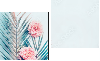Creative layout with tropical palm leaves and pastel pink flowers on  turquoise blue desktop background, top view, place for text, vertical - Zweiteiliges Leinwandbild, Diptychon