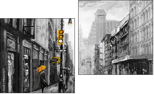oil painting on canvas, street view of New York, man and woman, yellow taxi,  modern Artwork,  American city, illustration New York - Zweiteiliges Leinwandbild, Diptychon