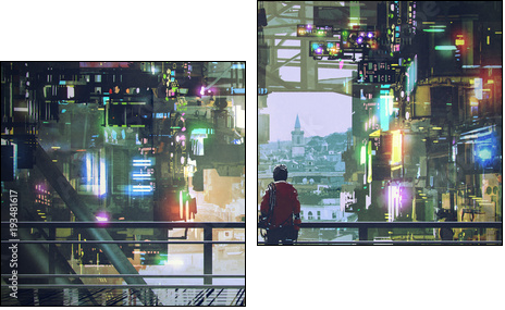 man standing on balcony looking at futuristic city with colorful light, digital art style, illustration painting - Zweiteiliges Leinwandbild, Diptychon