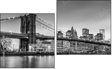 Brooklyn bridge and New York City Manhattan downtown skyline at dusk with skyscrapers illuminated over East River panorama. Panoramic composition. - Zweiteiliges Leinwandbild, Diptychon