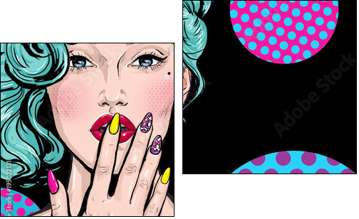 Pop Art illustration of girl with hand.Pop Art girl. Comic woman with speech bubble.Sexy girl. Nails. Lipstick and nail-varnish advertisement. model, 1990s, pop, naive, head, party, face, omg, art,wow - Zweiteiliges Leinwandbild, Diptychon
