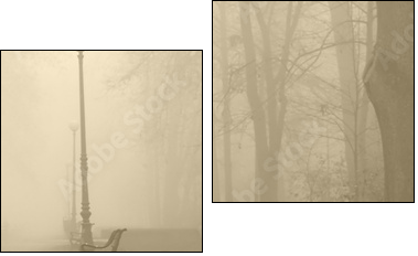 red bench in the fog - Zweiteiliges Leinwandbild, Diptychon