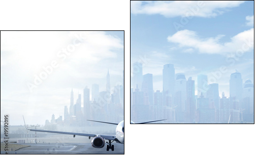 Big aircraft on runway in big city - Zweiteiliges Leinwandbild, Diptychon