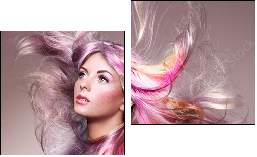 Beauty Fashion Model Girl with Colorful Dyed Hair. Girl with perfect Makeup and Hairstyle. Model with perfect Healthy Dyed Hair. Rainbow Hairstyles - Zweiteiliges Leinwandbild, Diptychon