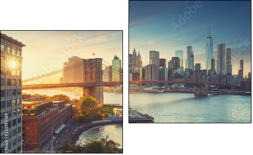 Retro style New York Manhattan with Brooklyn Bridge and Brooklyn Bridge Park in the front. - Zweiteiliges Leinwandbild, Diptychon