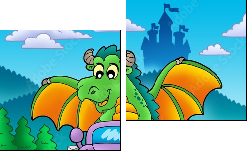 Green dragon driving car - Zweiteiliges Leinwandbild, Diptychon