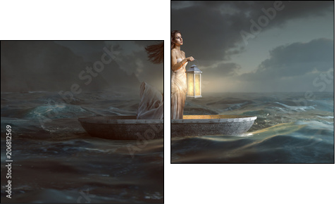 Frau mit Laterne in Ruderboot - Zweiteiliges Leinwandbild, Diptychon