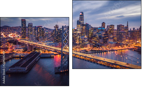 Aerial cityscape view of San Francisco and the Bay Bridge at Night - Zweiteiliges Leinwandbild, Diptychon