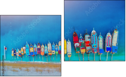 Aerial view of colorful boats in mediterranean sea in Oludeniz, Turkey. Beautiful summer landscape with ships, clear blue water and sandy beach at sunset. Top view of yachts from drone in Europe - Zweiteiliges Leinwandbild, Diptychon
