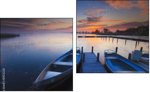 Peaceful sunrise with dramatic sky and boats and a jetty - Zweiteiliges Leinwandbild, Diptychon