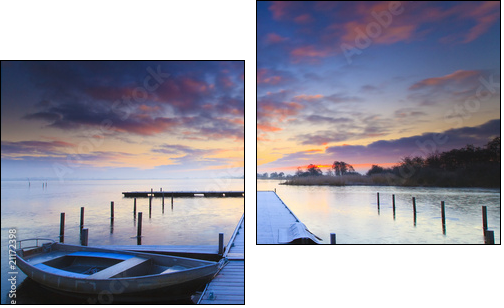 Peaceful sunrise with dramatic sky and boats and a jetty - Zweiteiliges Leinwandbild, Diptychon