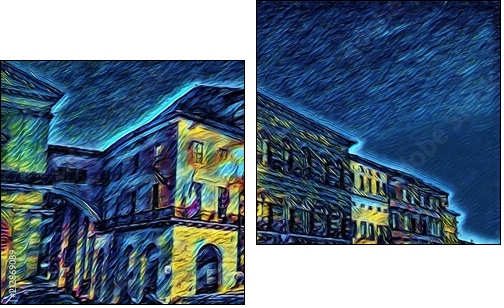 Ponte di mezzo in Pisa, Italy. Old houses at embankment. Italian bridge. Big size oil painting fine art in Vincent Van Gogh style. Modern impressionism drawn. Creative artistic print or poster. - Zweiteiliges Leinwandbild, Diptychon