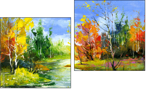Autumn landscape with the wood river - Zweiteiliges Leinwandbild, Diptychon