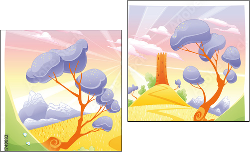 Landscape with tower. Funny cartoon and vector illustration. - Zweiteiliges Leinwandbild, Diptychon