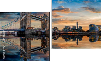 Die Skyline von London: von der Tower Bridge bis zum Tower nach Sonnenuntergang mit Reflektionen in der Themse - Zweiteiliges Leinwandbild, Diptychon