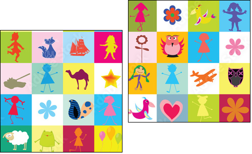 Pattern with toys and kids for kindergarten - Zweiteiliges Leinwandbild, Diptychon