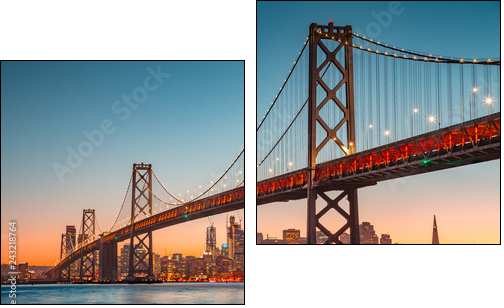 San Francisco skyline with Oakland Bay Bridge at sunset, California, USA - Zweiteiliges Leinwandbild, Diptychon
