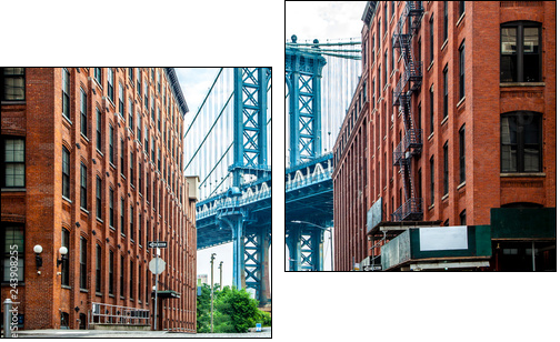Manhattan Bridge between Manhattan and Brooklyn over East River seen from a narrow alley enclosed by two brick buildings on a sunny day in Washington street in Dumbo, Brooklyn, NYC - Zweiteiliges Leinwandbild, Diptychon