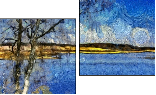 Incredible beauty of nature landscape. Spring season. Impressionism oil painting in Vincent Van Gogh modern style. Creative artistic print for canvas or textile. Wallpaper, poster or postcard design. - Zweiteiliges Leinwandbild, Diptychon
