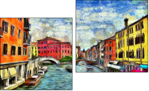 Venetian canal with moving boats, digital imitation of Van Gogh painting style - Zweiteiliges Leinwandbild, Diptychon
