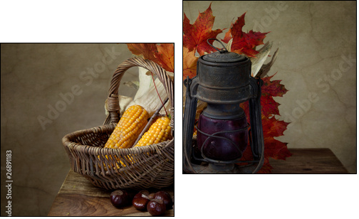 Herbstliches Stilleben mit Petroleumlampe und Mais in Weidenkorb - Zweiteiliges Leinwandbild, Diptychon