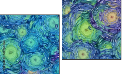 Abstract painting impressionism wall art print example with oil imitation in Vincent Van Gogh style. Artistic contemporary design decor elements. Pop modern abstraction with vibrant bright strokes. - Zweiteiliges Leinwandbild, Diptychon