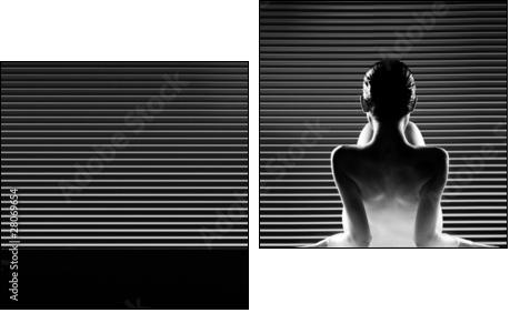 black and white back view artistic nude, on striped background. - Zweiteiliges Leinwandbild, Diptychon