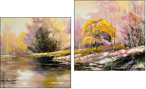 Autumn landscape with snow and the river - Zweiteiliges Leinwandbild, Diptychon