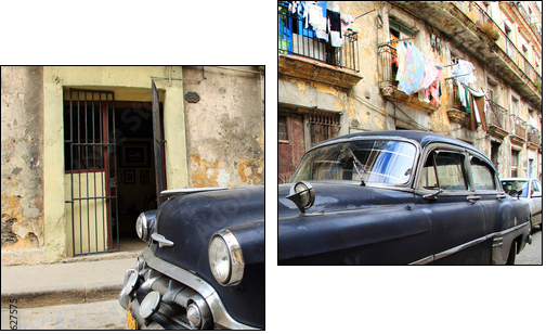 A classic old car is black color parked in front of the building - Zweiteiliges Leinwandbild, Diptychon