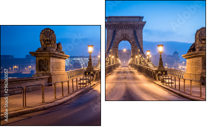 Historic Chain Bridge in Budapest in winter - Zweiteiliges Leinwandbild, Diptychon