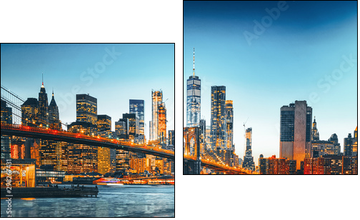 New York night view of the Lower Manhattan and the Brooklyn Bridge across the East River. - Zweiteiliges Leinwandbild, Diptychon