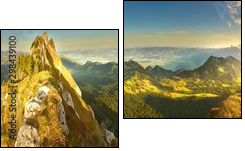 Great panoramic view of morning mountains in Switzerland with Lake Zürich and many tops in autumn - Zweiteiliges Leinwandbild, Diptychon