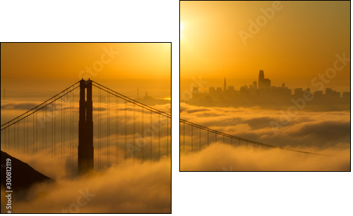 Spectacular Golden Gate Bridge sunrise with low fog and city view - Zweiteiliges Leinwandbild, Diptychon