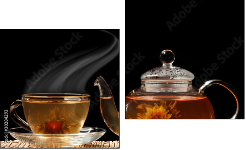 Glass teapot and a cup of green tea on a black background - Zweiteiliges Leinwandbild, Diptychon