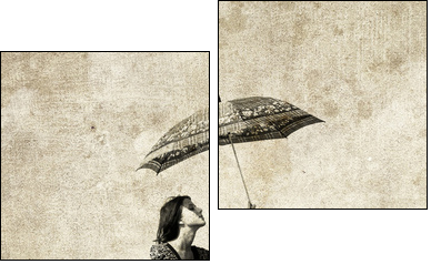 Girl with umbrella on bike. Photo in old image style. - Zweiteiliges Leinwandbild, Diptychon