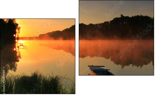 Boat on the shore of a misty lake - Zweiteiliges Leinwandbild, Diptychon